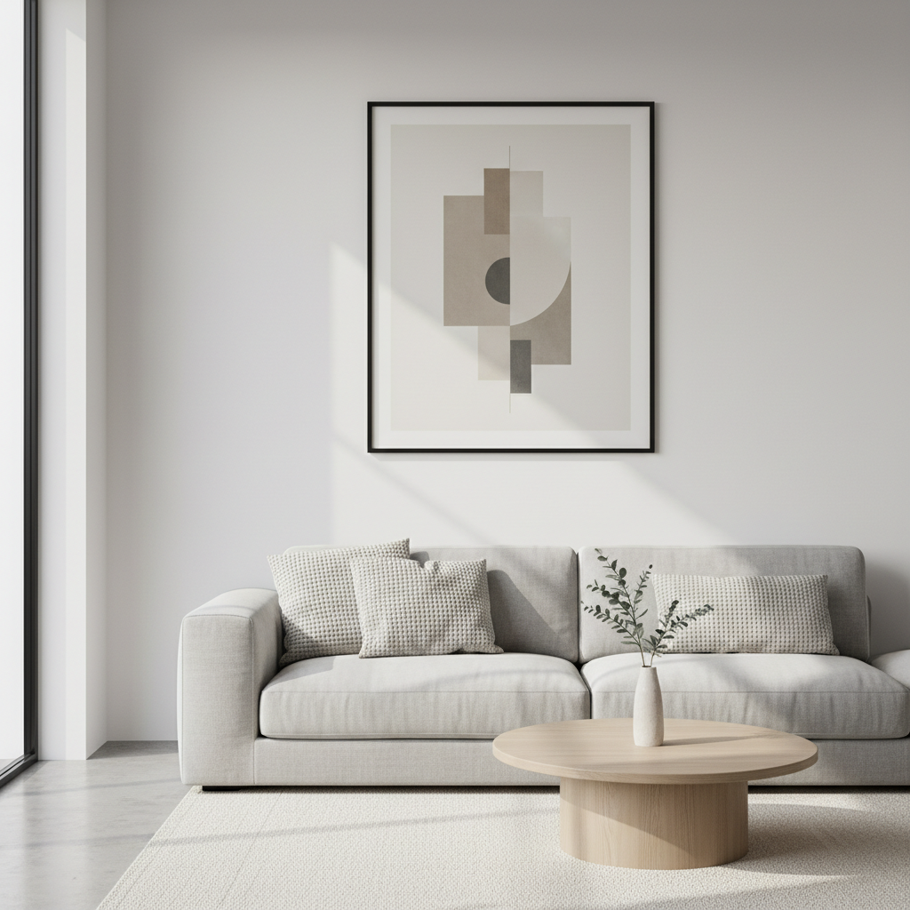 Abstract wall art print with neutral geometric shapes in black frame