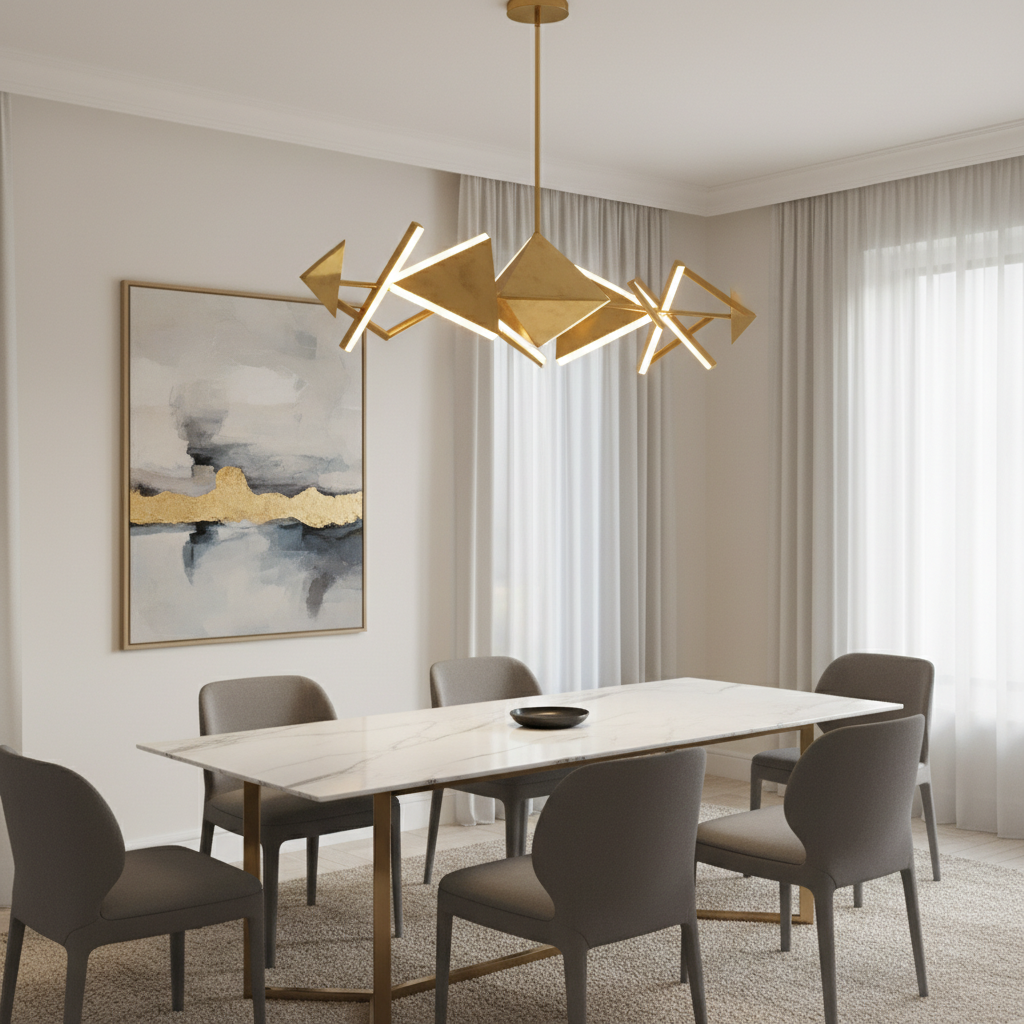Geometric Brass Chandelier hanging in elegant dining room