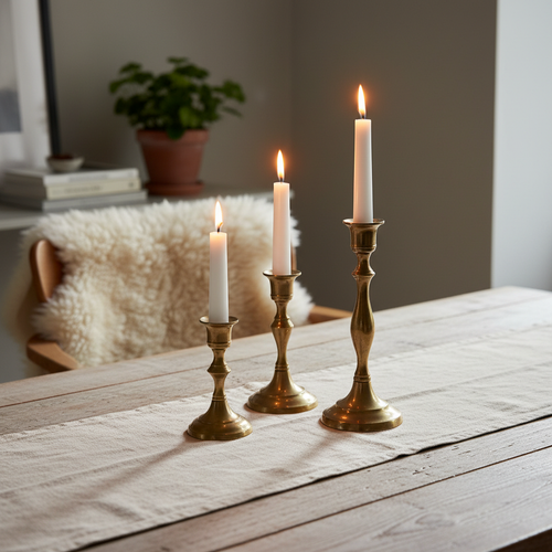Set of three brass candle holders with white candles on dining table