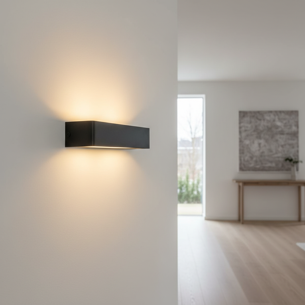 Modern black metal wall sconce with warm LED light