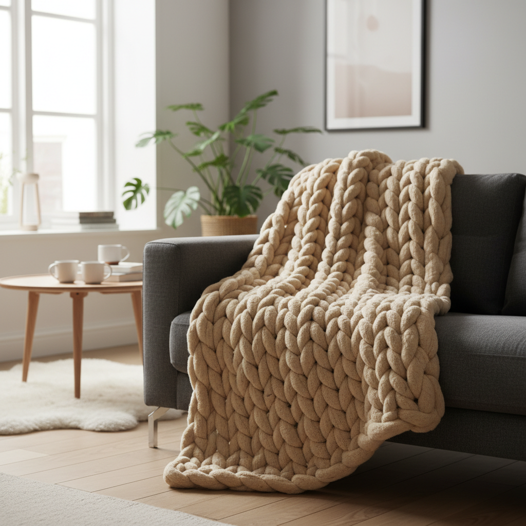 Chunky knit throw blanket in beige draped over grey sofa